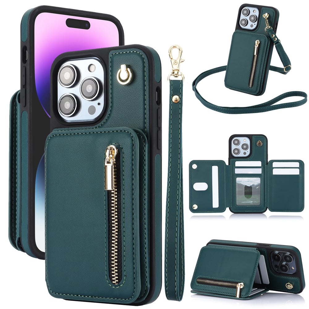 🏆Flash Sale⚡Wallet Case for iPhone 15/14/13/12 - PU Leather Flip Cover with Card Slots, Wrist Strap & Crossbody Lanyard (All Models)