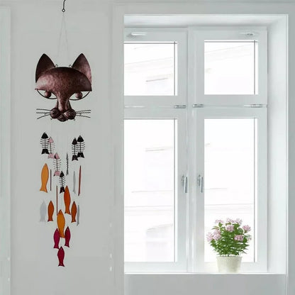 Handcrafted Metal Cat and Recycled Glass Fish Wind Chime