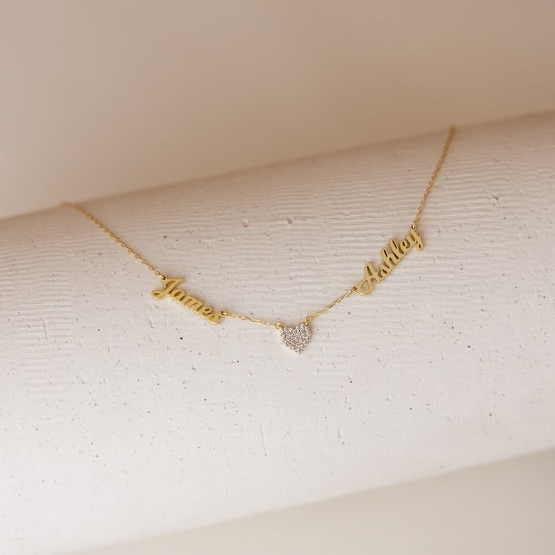 Custom Name & Pave Heart Charm Necklace
