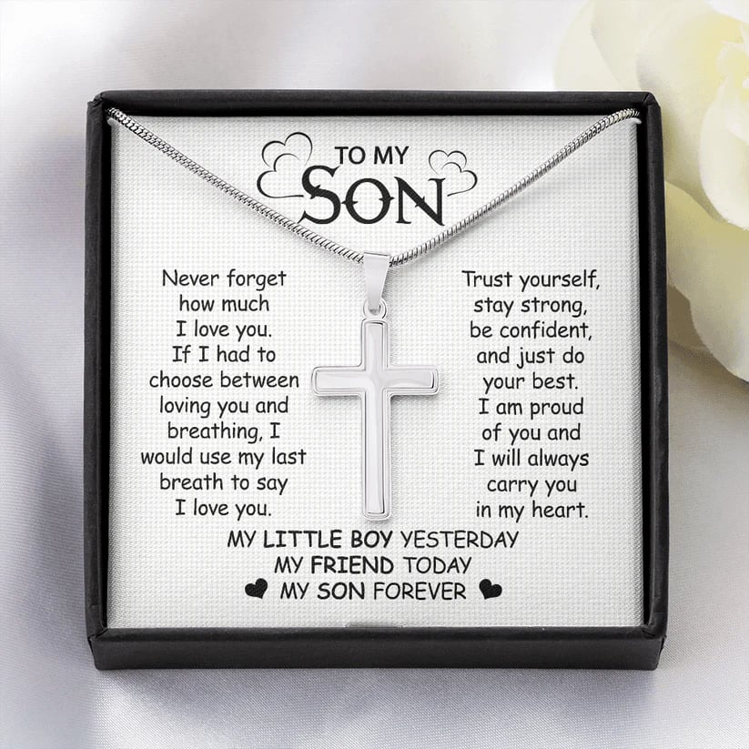 Gift For Son - Never Forget My Love - Cross Necklace With Message Card - Son Gift For Birthday, Christmas, Special Occasion From Mom, Dad