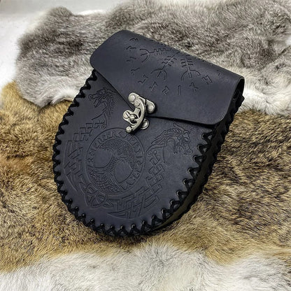 Vintage Medieval Nordic Embossed Leather Belt Bag