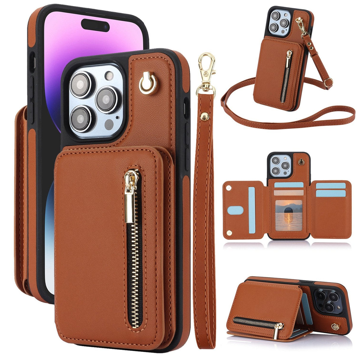 🏆Flash Sale⚡Wallet Case for iPhone 15/14/13/12 - PU Leather Flip Cover with Card Slots, Wrist Strap & Crossbody Lanyard (All Models)
