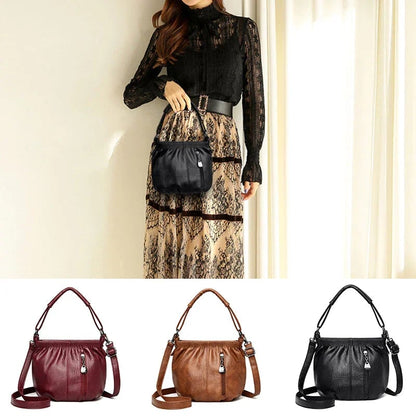 Fashion Simple Casual Pleated Bucket Soft Leather Handbag Shoulder Bag