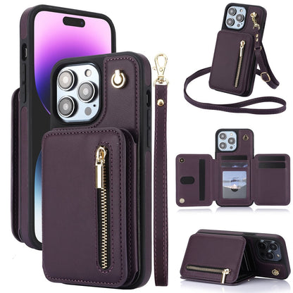 🏆Flash Sale⚡Wallet Case for iPhone 15/14/13/12 - PU Leather Flip Cover with Card Slots, Wrist Strap & Crossbody Lanyard (All Models)