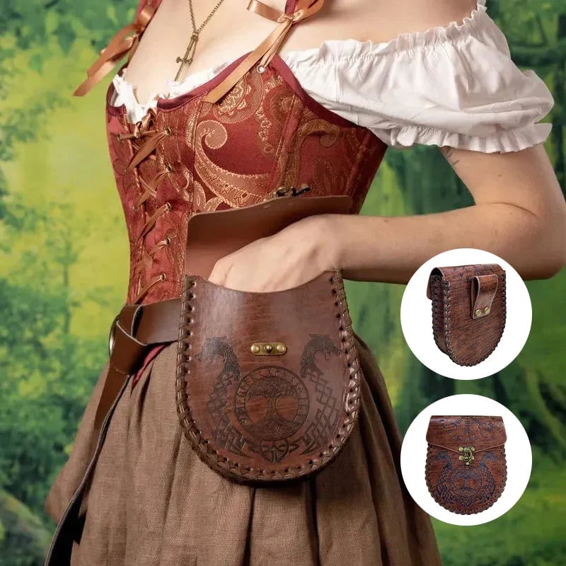 Vintage Medieval Nordic Embossed Leather Belt Bag