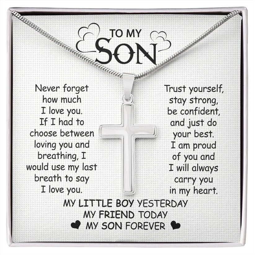 Gift For Son - Never Forget My Love - Cross Necklace With Message Card - Son Gift For Birthday, Christmas, Special Occasion From Mom, Dad