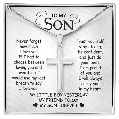 Gift For Son - Never Forget My Love - Cross Necklace With Message Card - Son Gift For Birthday, Christmas, Special Occasion From Mom, Dad