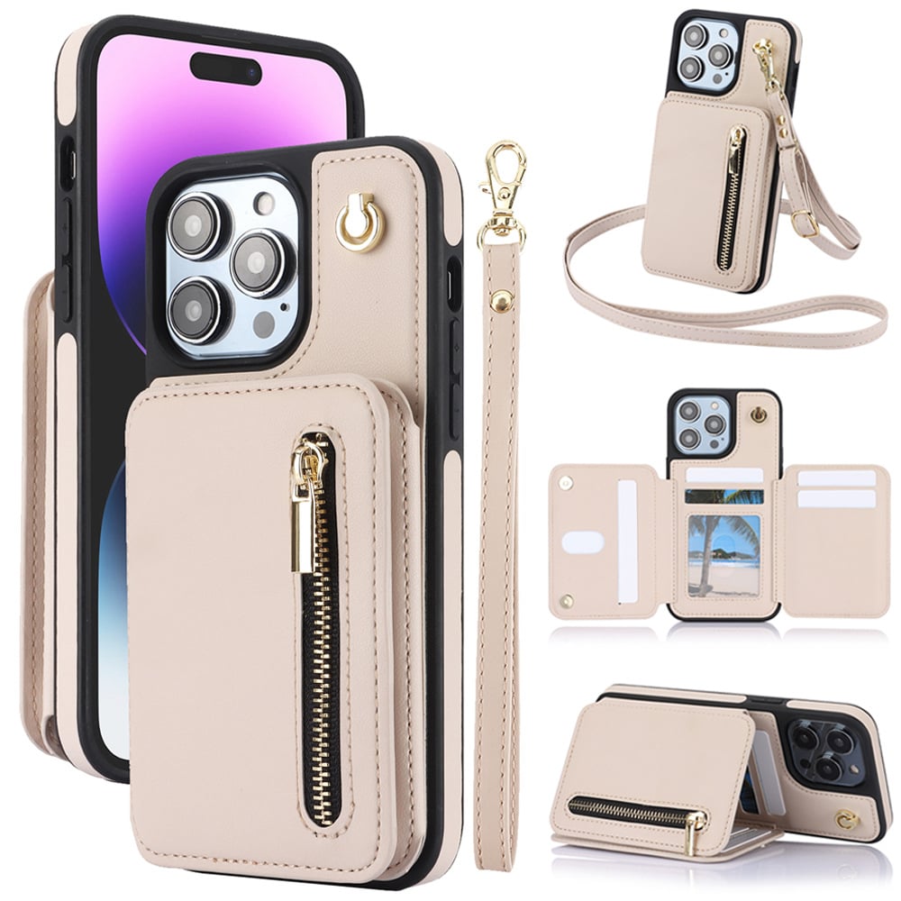 🏆Flash Sale⚡Wallet Case for iPhone 15/14/13/12 - PU Leather Flip Cover with Card Slots, Wrist Strap & Crossbody Lanyard (All Models)