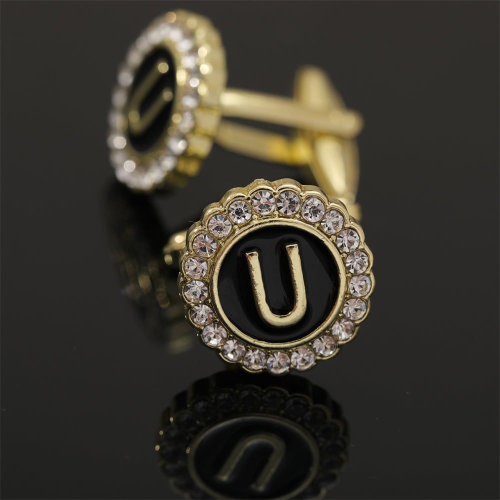 🎁Round Crystal-Embedded Initial Cufflinks with Enamel Finish - Personalized Alphabet Design