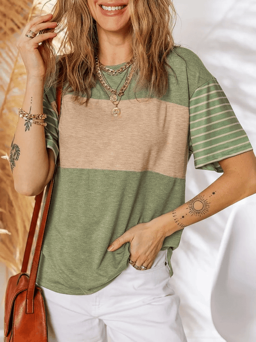 Womens Oversized Crewneck Casual Color Block Striped Shirts Blouses