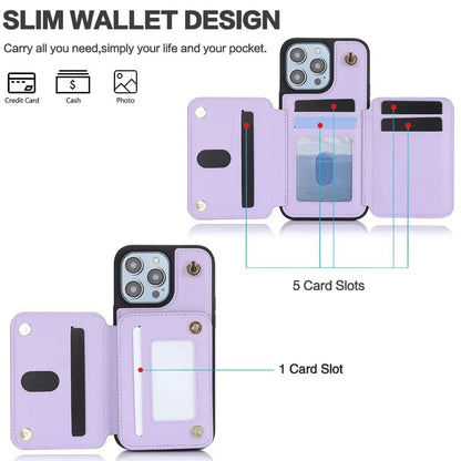🏆Flash Sale⚡Wallet Case for iPhone 15/14/13/12 - PU Leather Flip Cover with Card Slots, Wrist Strap & Crossbody Lanyard (All Models)