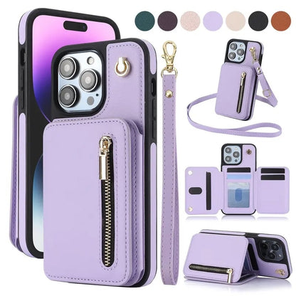 🏆Flash Sale⚡Wallet Case for iPhone 15/14/13/12 - PU Leather Flip Cover with Card Slots, Wrist Strap & Crossbody Lanyard (All Models)