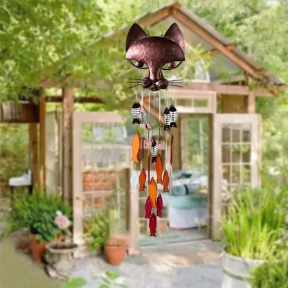 Handcrafted Metal Cat and Recycled Glass Fish Wind Chime