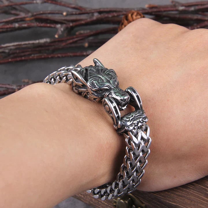 Mens Stainless Steel Norse Viking Fenrir Wolf Head Bracelet