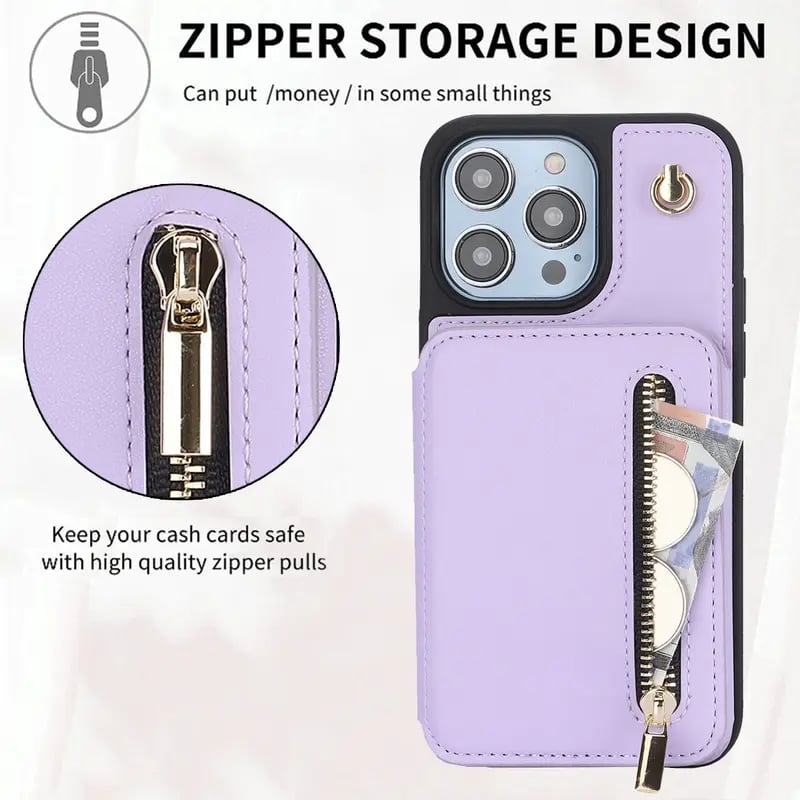 🏆Flash Sale⚡Wallet Case for iPhone 15/14/13/12 - PU Leather Flip Cover with Card Slots, Wrist Strap & Crossbody Lanyard (All Models)