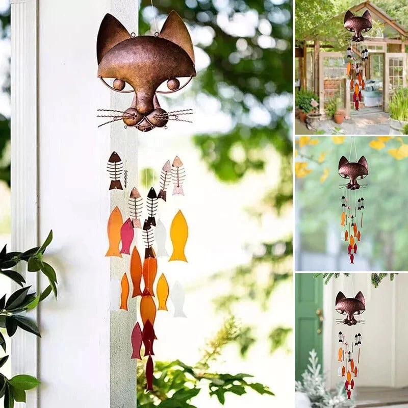 Handcrafted Metal Cat and Recycled Glass Fish Wind Chime