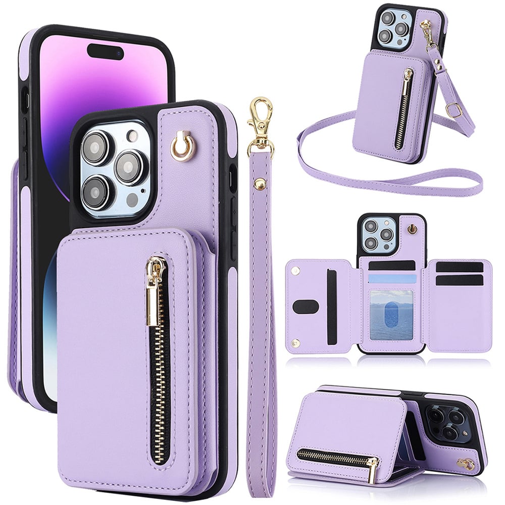 🏆Flash Sale⚡Wallet Case for iPhone 15/14/13/12 - PU Leather Flip Cover with Card Slots, Wrist Strap & Crossbody Lanyard (All Models)