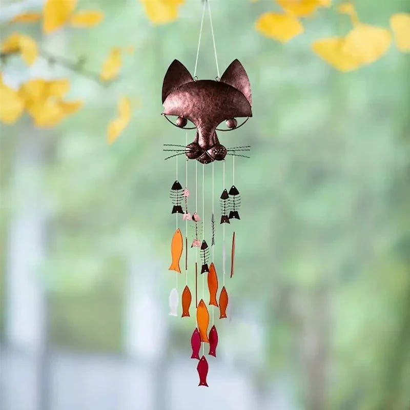 Handcrafted Metal Cat and Recycled Glass Fish Wind Chime