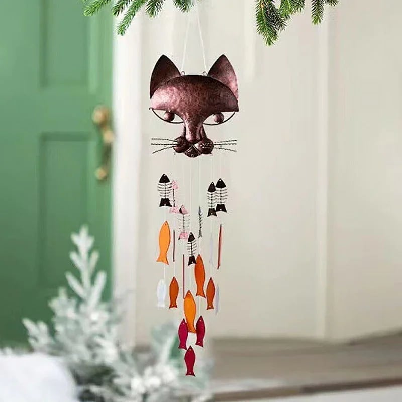 Handcrafted Metal Cat and Recycled Glass Fish Wind Chime
