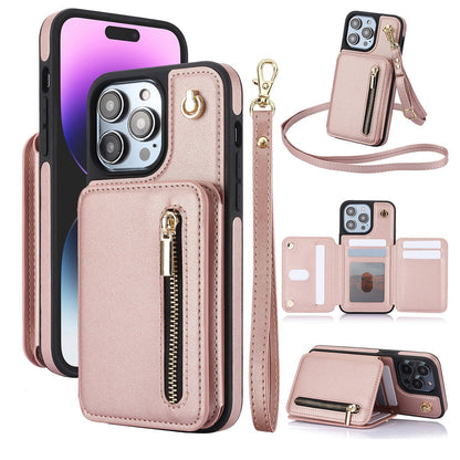 🏆Flash Sale⚡Wallet Case for iPhone 15/14/13/12 - PU Leather Flip Cover with Card Slots, Wrist Strap & Crossbody Lanyard (All Models)