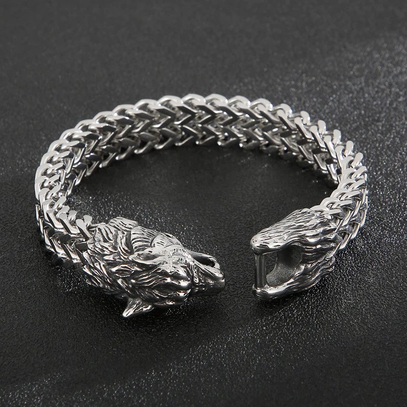 Mens Stainless Steel Norse Viking Fenrir Wolf Head Bracelet