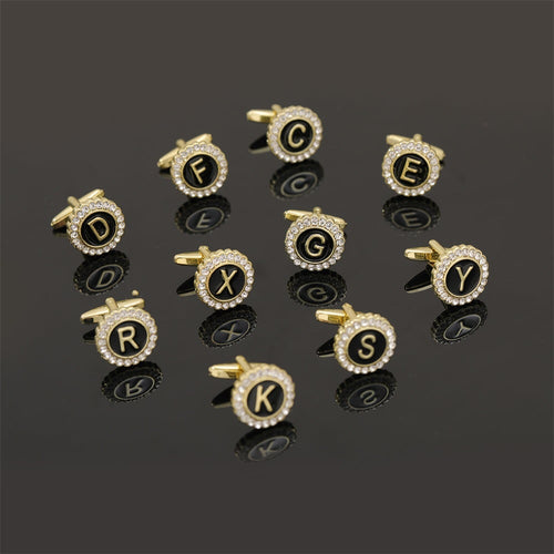 🎁Round Crystal-Embedded Initial Cufflinks with Enamel Finish - Personalized Alphabet Design
