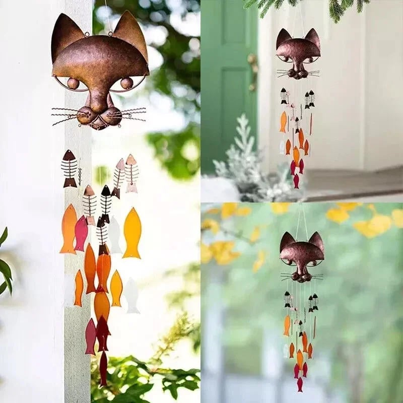 Handcrafted Metal Cat and Recycled Glass Fish Wind Chime