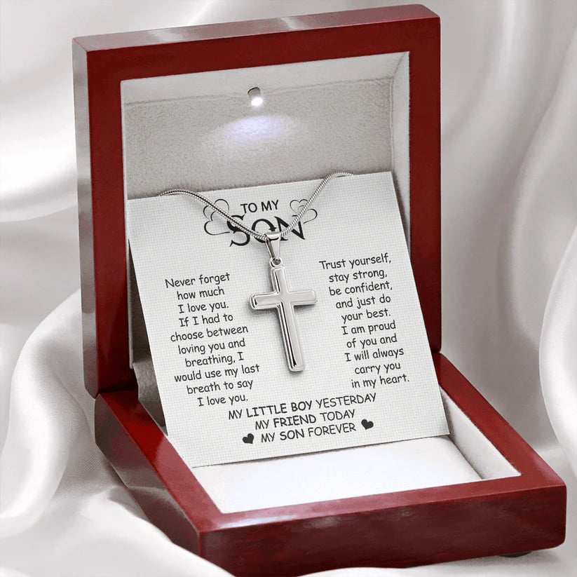 Gift For Son - Never Forget My Love - Cross Necklace With Message Card - Son Gift For Birthday, Christmas, Special Occasion From Mom, Dad