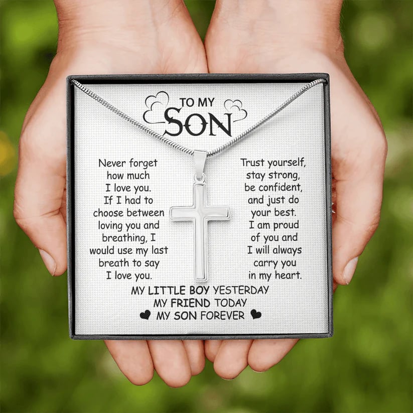 Gift For Son - Never Forget My Love - Cross Necklace With Message Card - Son Gift For Birthday, Christmas, Special Occasion From Mom, Dad